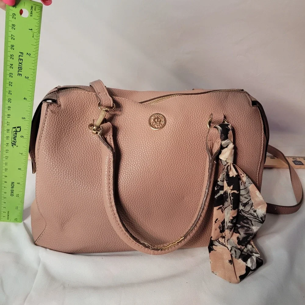 Anne Klein Rose Pink Pebbled Satchel Crossbody Bag with Floral Scarf Accent